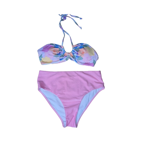 2/$25-Dippin' Daisies Bandeau Floral Bikini Top Bonus Highrise Pink Solid Bottom - Picture 2 of 10